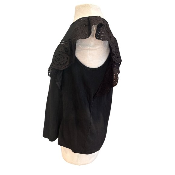 Black Doe & Rae Womens Eyelet Ruffle Sleeve Top M 100% Cotton - Picture 2 of 8